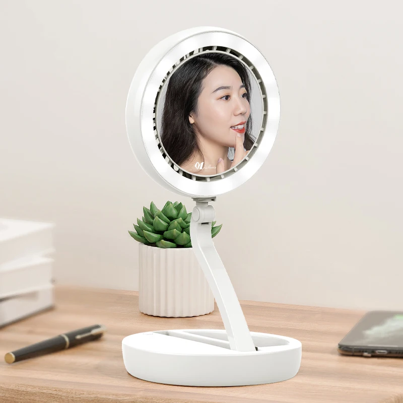 Desktop Fan with LED Light Mirror for Quick Makeup and Hydration While Applying Makeup and Blowing Air Makeup Vanity Mirror