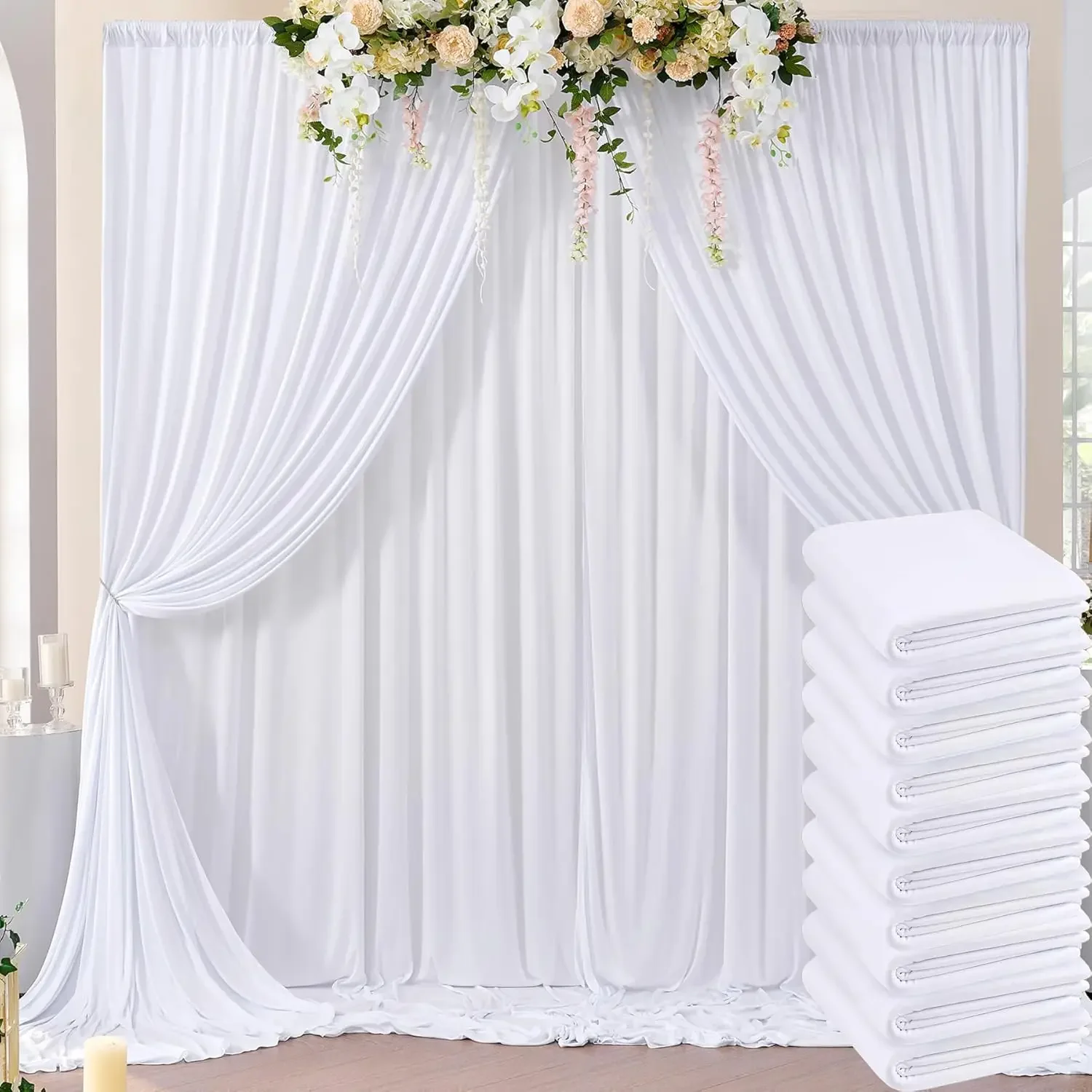 

50ft×10ft Wrinkle Free White Backdrop Curtain for Parties, 10 Panels 5×10ft Polyester Photo Backdrop Drapes Wedding Back Drop Cl