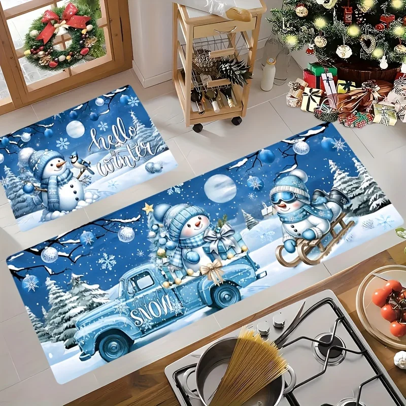 Merry Christmas Blue Snowman Truck Kitchen Mats Winter Xmas Entrance Non-slip Door Mat Balcony Hallway Rug Christmas Decorations