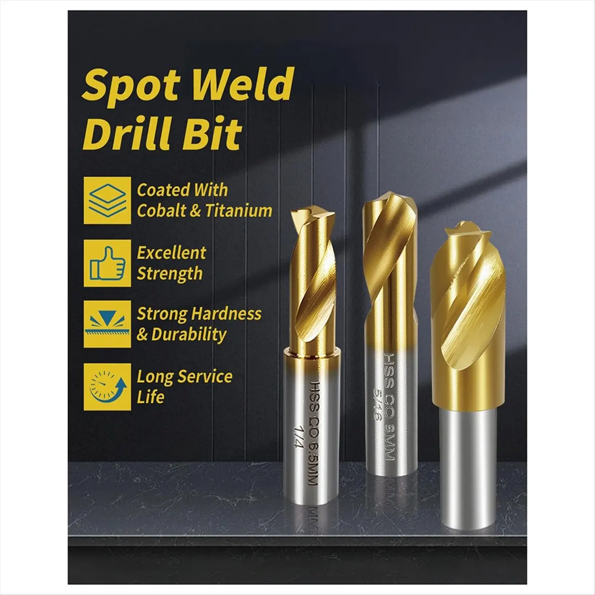 مجموعة قطع لحام نقطي مكونة من 13 قطعة، لقم ثقب HSS مزدوجة الجوانب 3/8 بوصة و5/16 بوصة، كوبالت مطلي بالتيتانيوم للمعادن والخشب #2