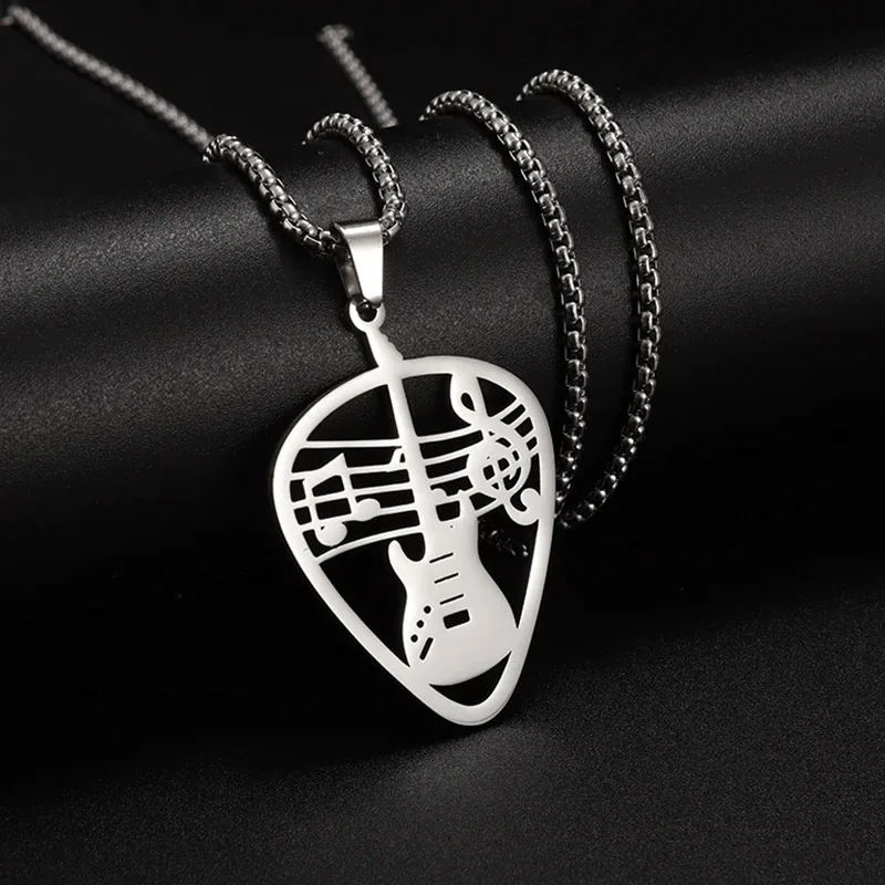 Hip Hip Rock Stainless Steel Guitar Pick Necklace Bass Musical Note Pendant Box Chain Necklaces For Men