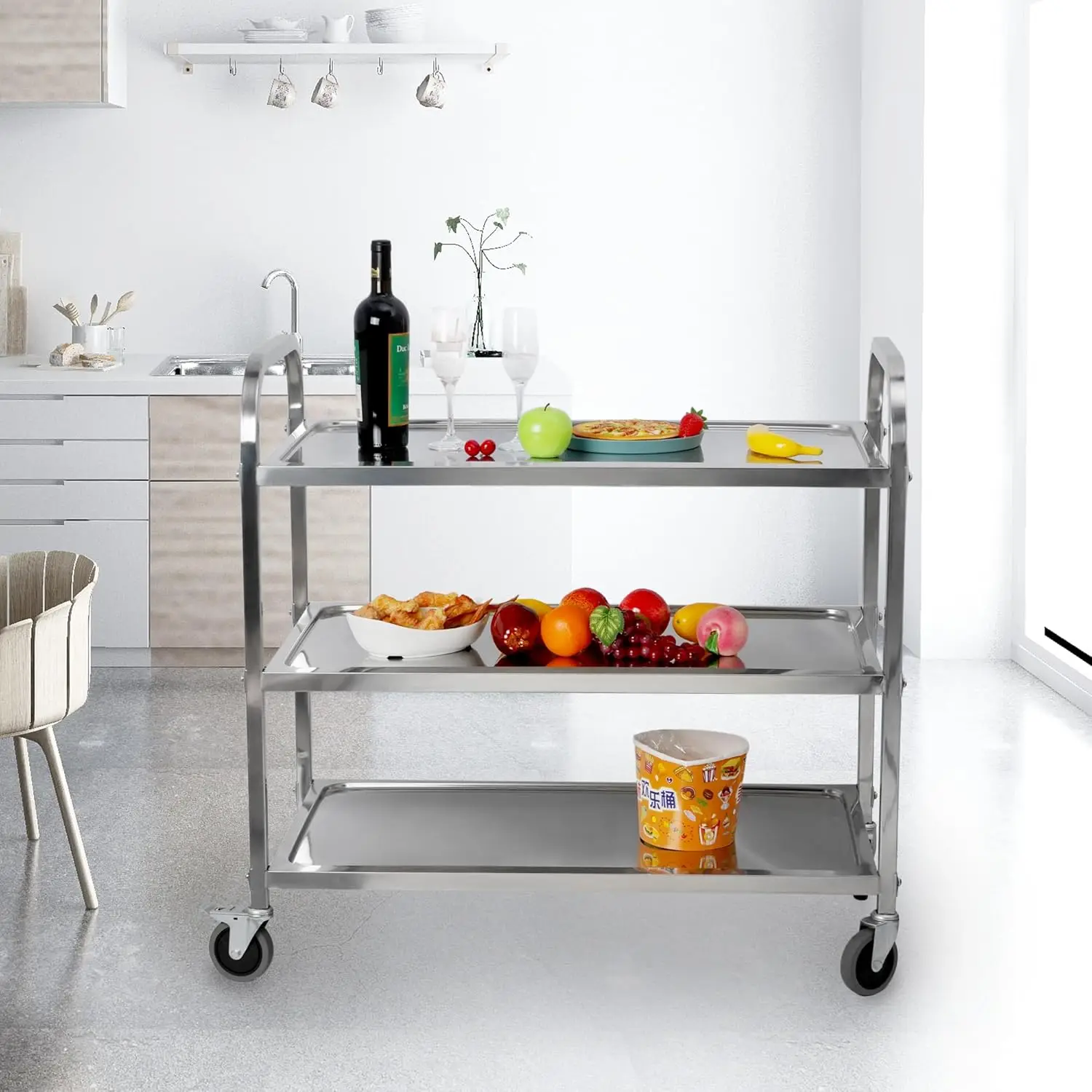 3 Shelf Stainless Steel Cart Heavy Duty Industrial Serving cart with 360°Rotation Wheels Kitchen Island Stainless Steel Storage