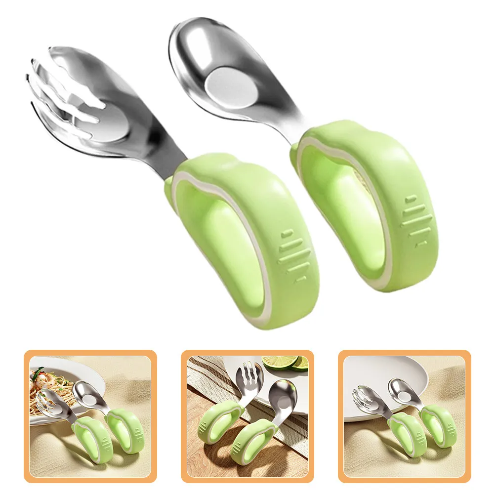 

1Set Toddler Fork Spoon Set Stainless Steel Tips with Soft Silicone Handle Baby Feeding Utensils Kids Cutlery Set for Home