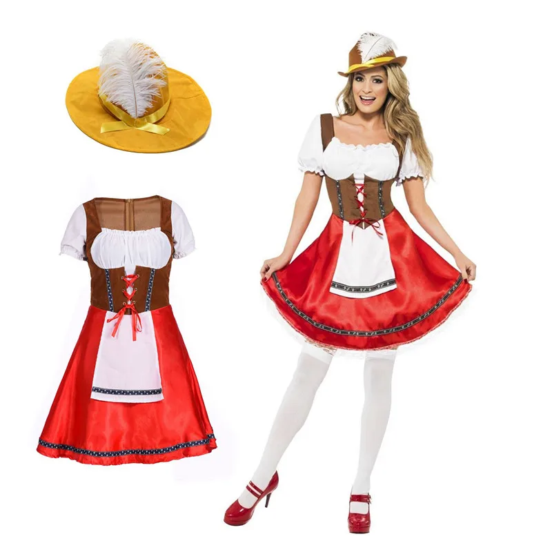 Adult Germany Oktoberfest Beer Girl Costume Bavaria Wench Beer Maid Festival Party Dress With Hat