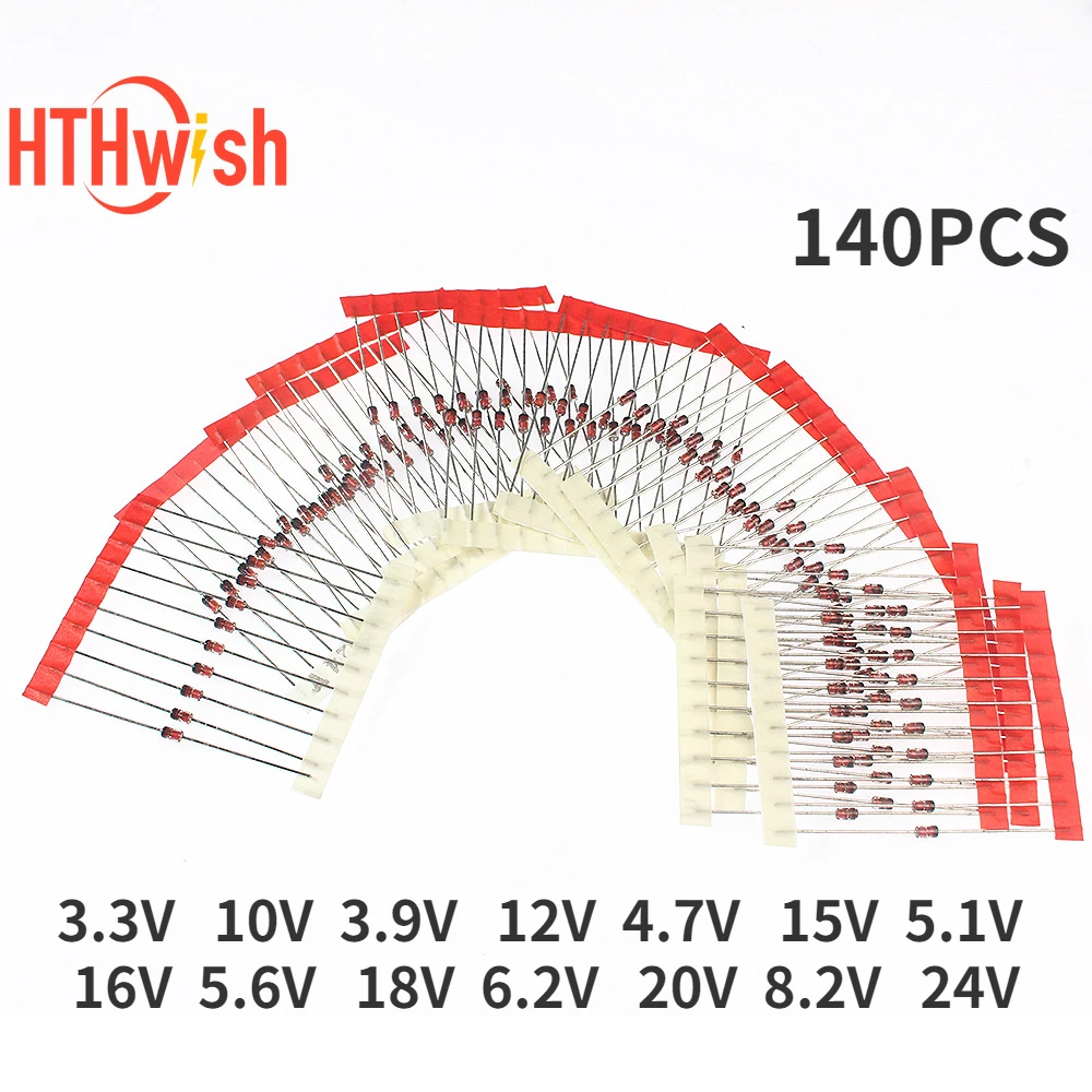 140PCS 1W Zener Diode Kit 3.3V~24V Electronic Components Diy Assorted Set 3.3V 10V 3.9V 12V 4.7V 15V 5.1V 16V 5.6V 18V 6.2V 20V
