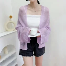 Knitted Cardigan for Women Summer Oversized Knit Loose Coat Sweater Korean Top Solid Cropped Cardigan Y2k Sweater Beach Blouses