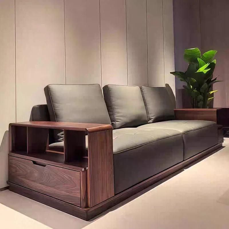 

Modern solid wood sofa new Chinese living room straight row simple style fashion black walnut suite villa