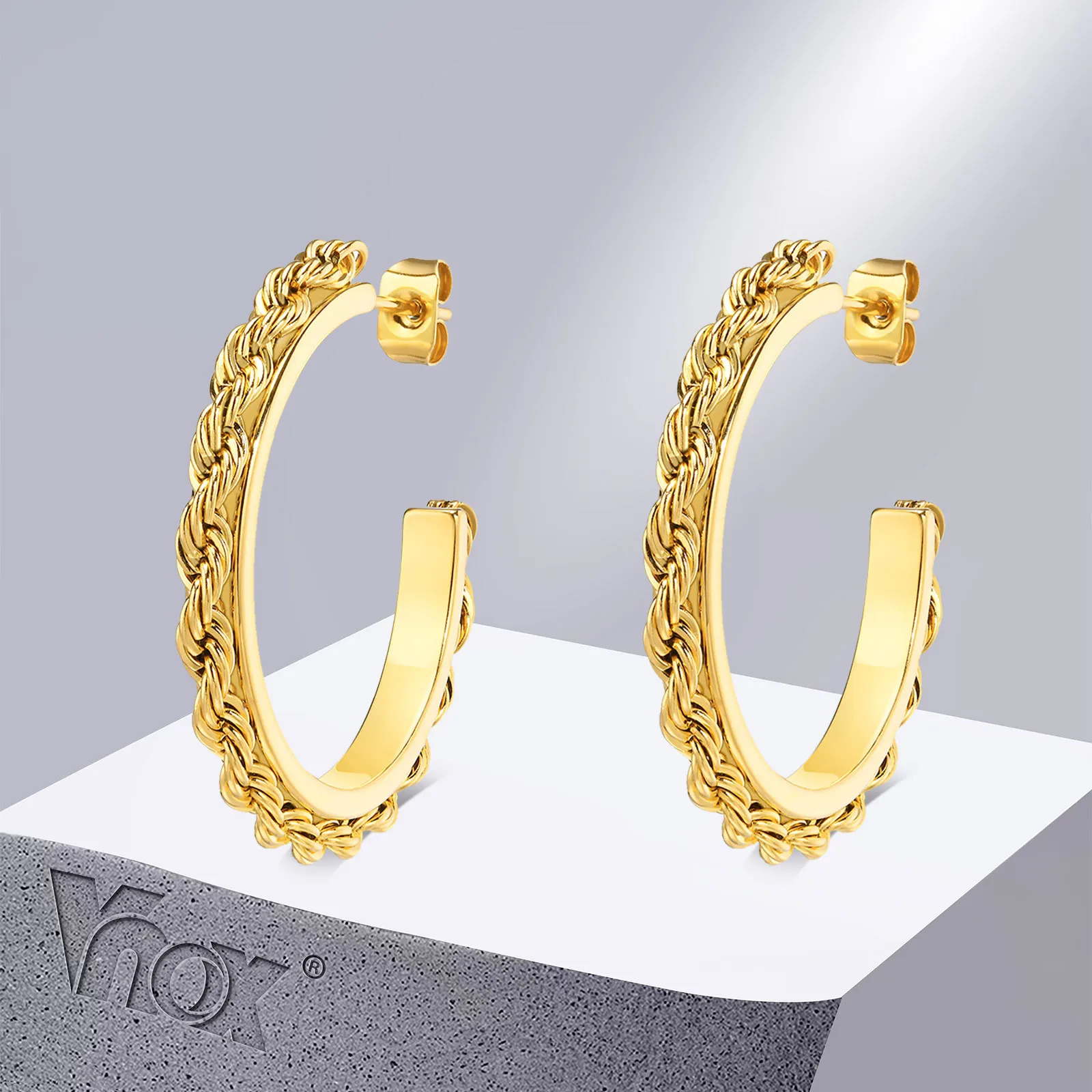 Vnox Fashion Twisted Chain Hoop Earrings for Women, Gold Color Stainless Steel C Shaped Round Earring Gift to Her Jewelry