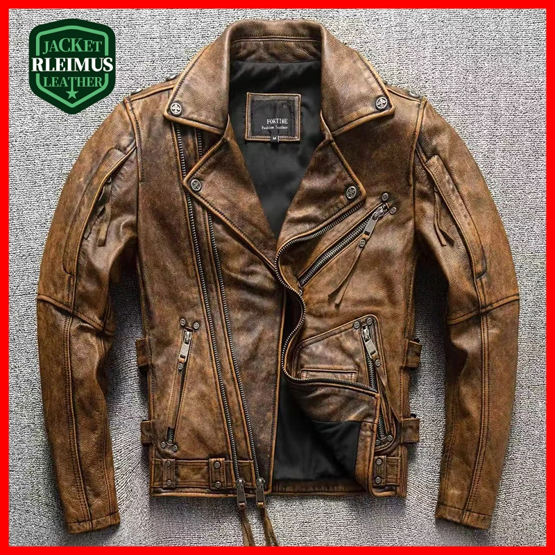

Classic motorcycle jacket retro distressed top layer cowhide leather jacket men's motorcycle riding jacket coat trendy