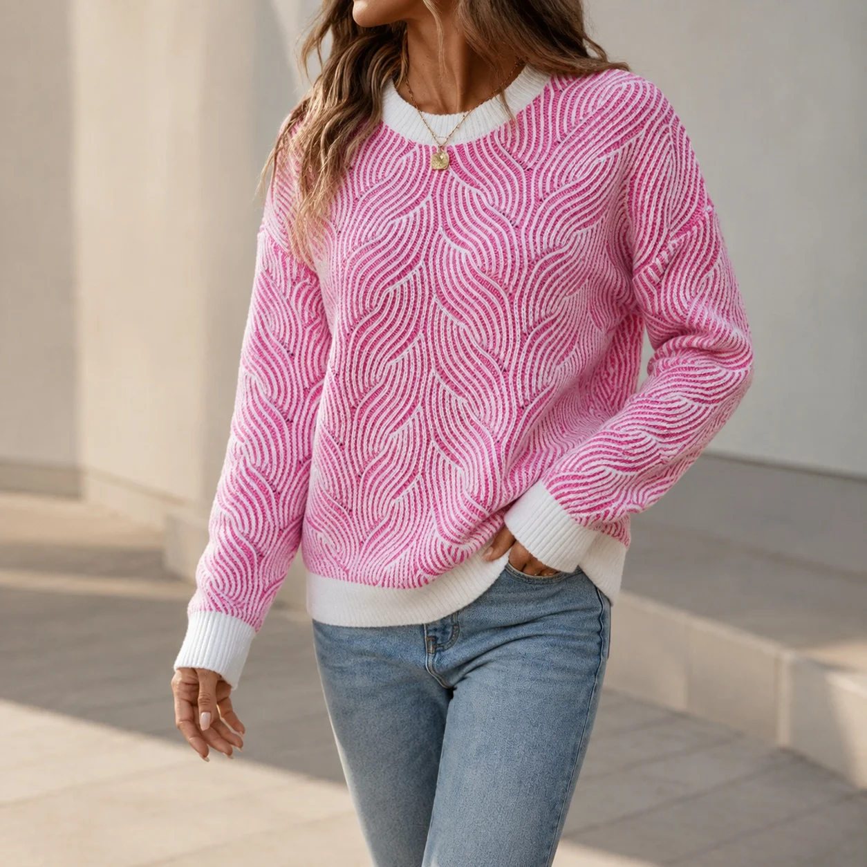 Striped Round Neck Sweater Loose Fit Graceful Commuter with Heat Set Medium Weight Elegant Single Pullover Autumn Women Sweater