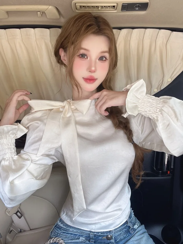 

Elegant Court Style Women's T-Shirt Bubble Sleeve Stand Collar Slim Fit Autumn Pure Desire Fashionable Casual Long Sleeve Top