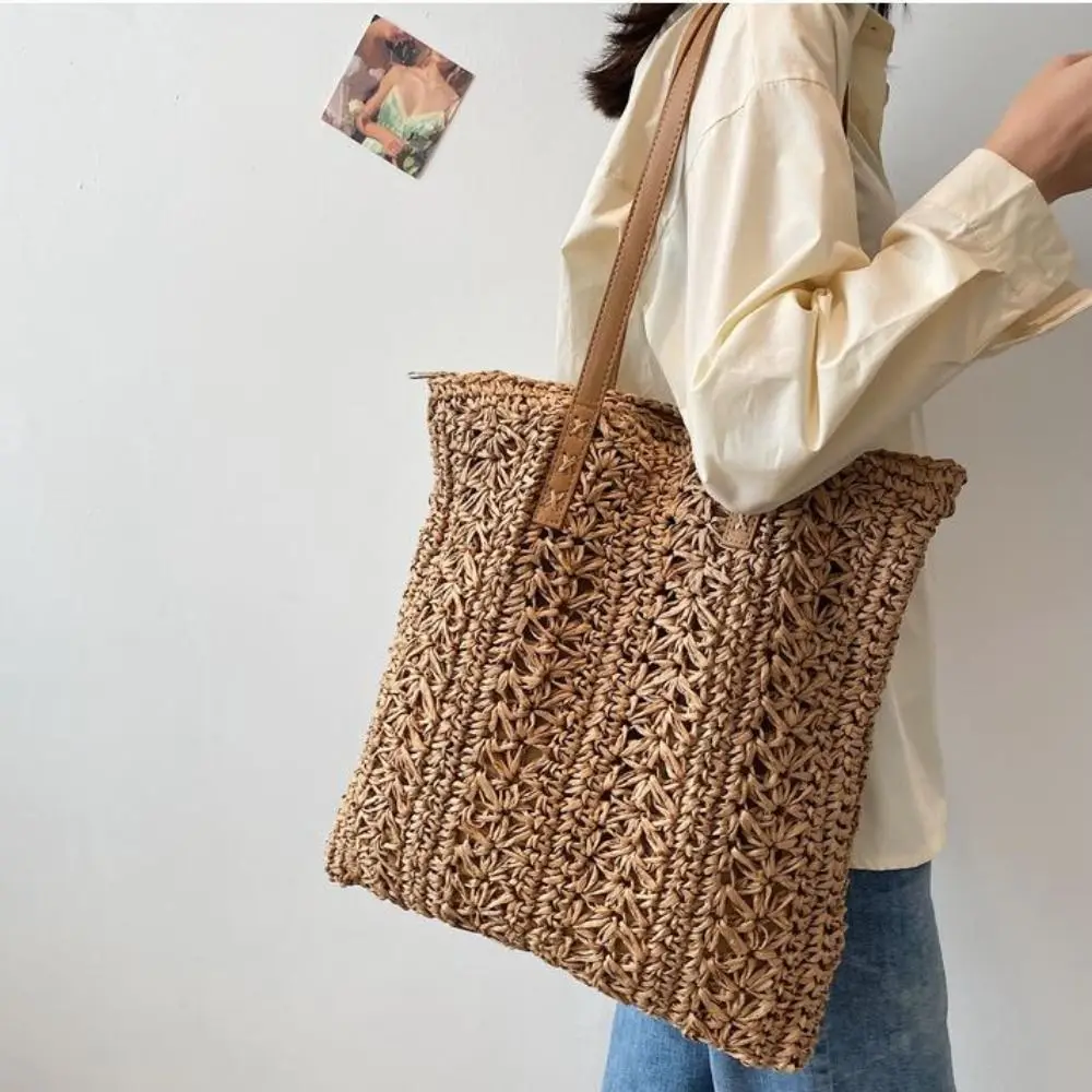 

Hollow Woven Bag Fashion Solid Color Straw Underarm Bag Large Capacity Vacation Totes Bag