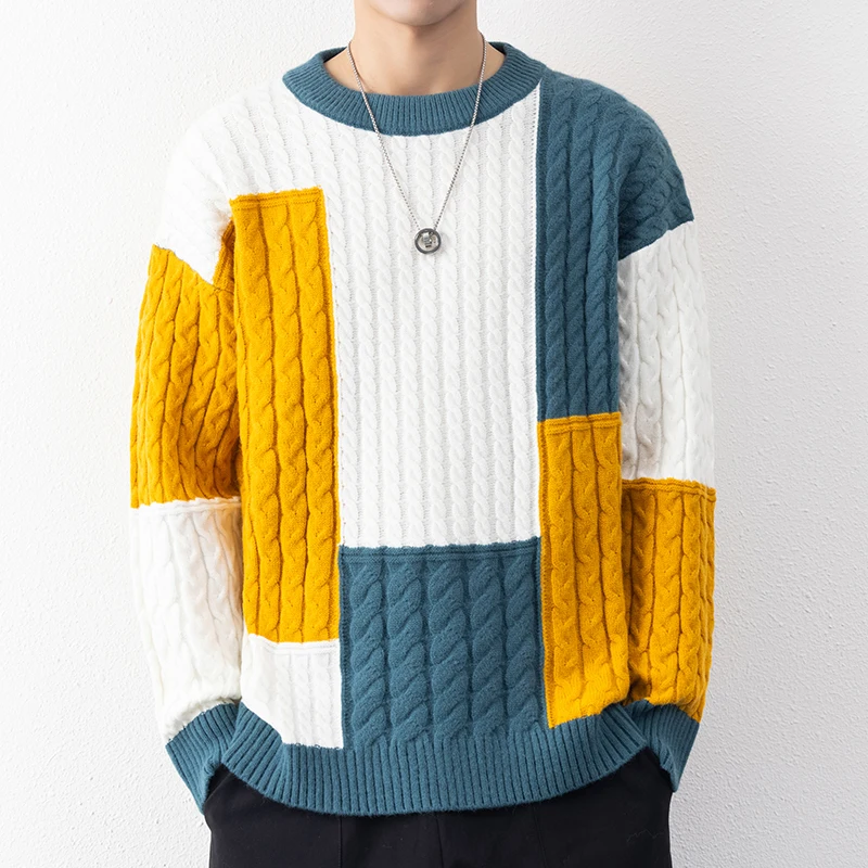 New Winter Fashion Patchwork Loose Sweater Men Streetwear High Quality Mens Casual Sweaters Warm Knitting Pullovers Men