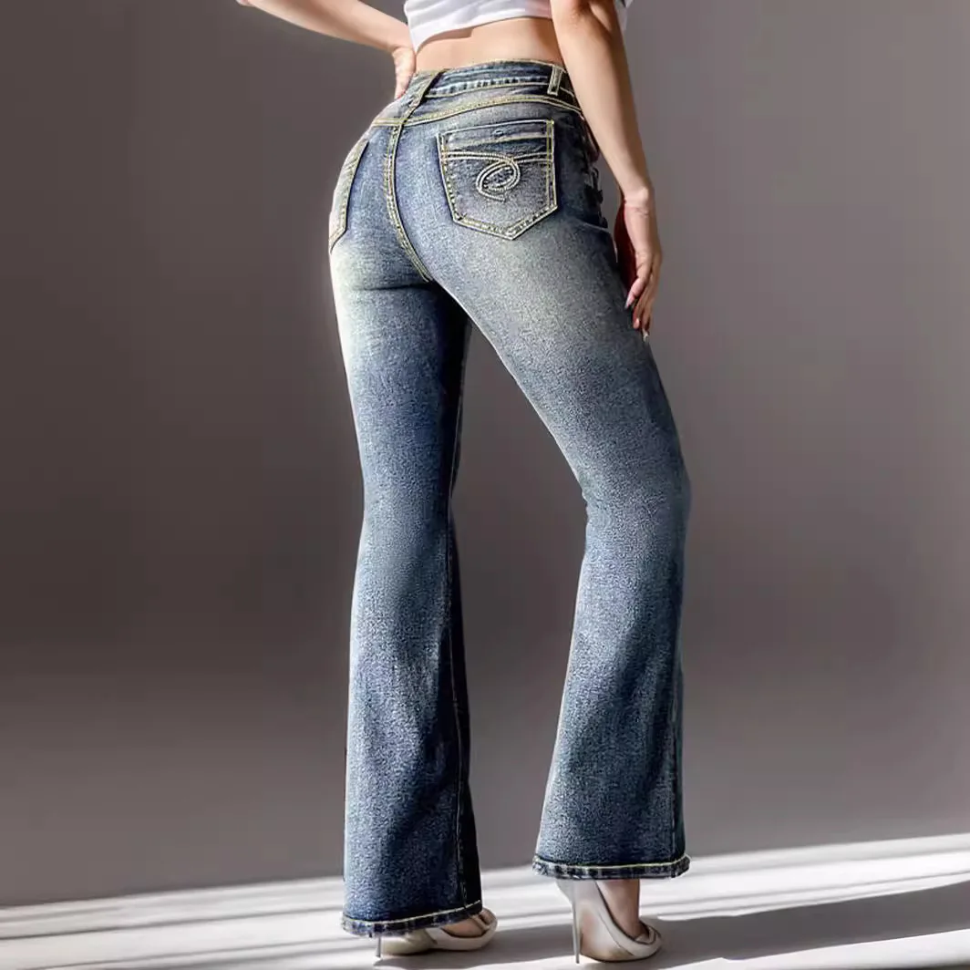 Cross-border Women Clothing Retro Jeans High Elastic Pocket Embroidery Retro Jeans Slim Fit Hip Lift Flared Pants