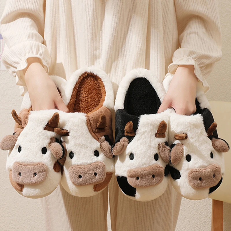 Winter Unisex Women Men Cute Cartoon Cow Warm Plush Slippers Couple\'s Indoor Non-slip House Slides Toe Wrap Home Cotton Shoes