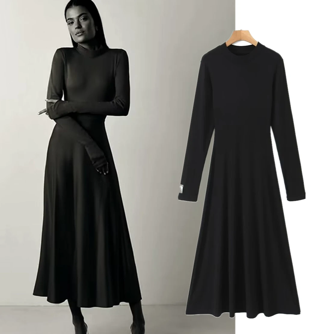 

Withered French Fashion Ladies Elegant Black Party Dress Women Slim Long Sleeve Turtleneck Cotton Basic Maxi Dress Women