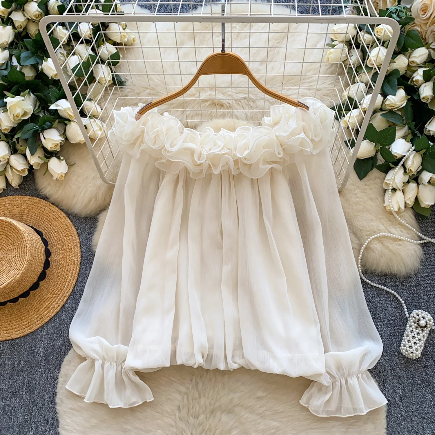 

Clothland Women Sweet Ruffled Off Shoulder Blouse Long Sleeve Candy Color Shirt Female Cute Fashion Tops Blusa LB364