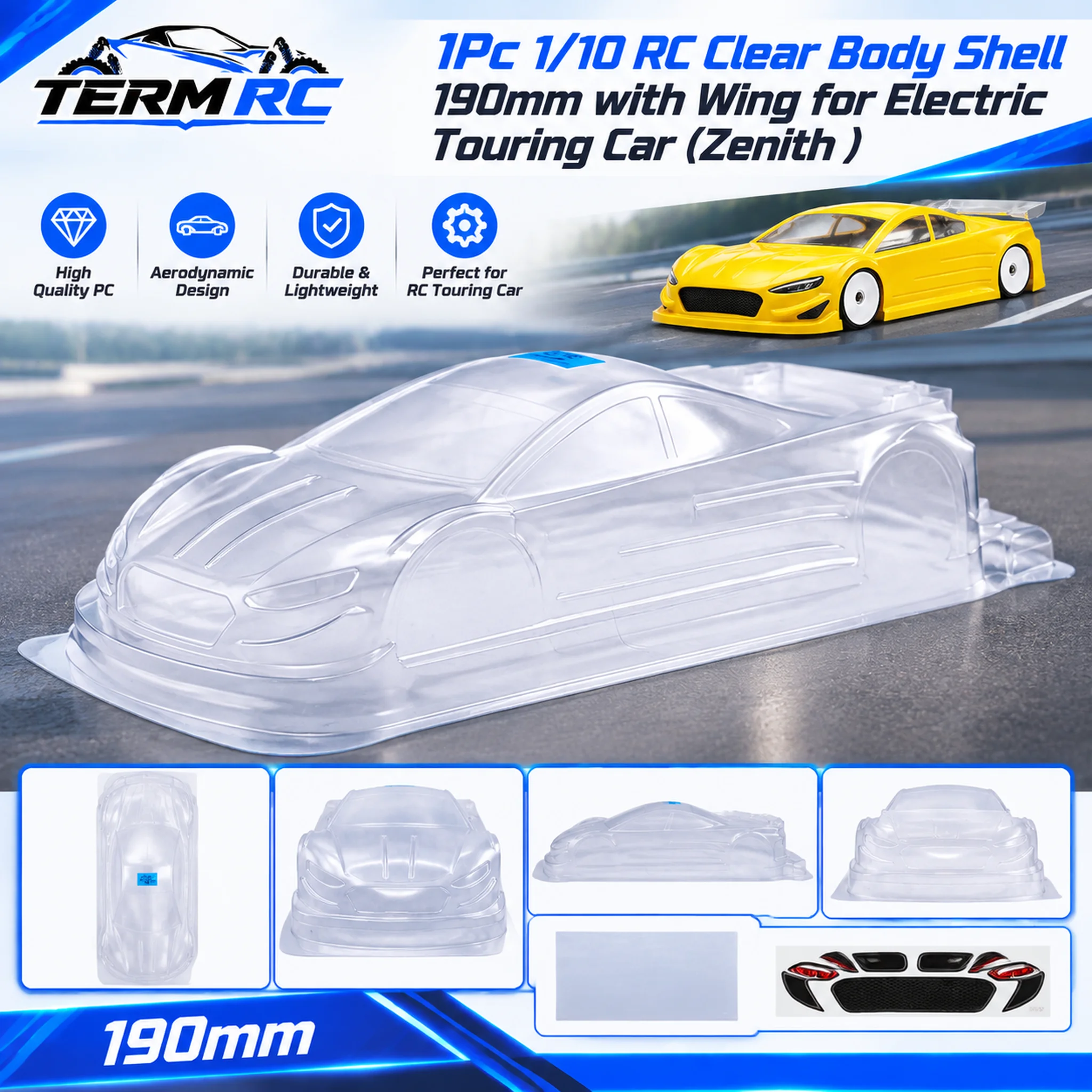 1Pc 1/10 RC Clear Body Shell 190mm with Wing for Electric Touring Car (Zenith