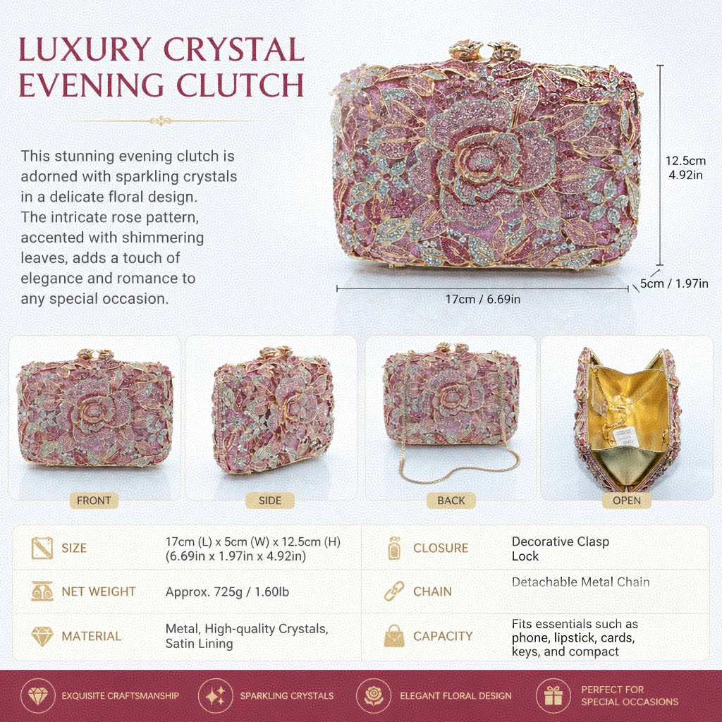 Women Pink Crystal Rose Clutch Bag Luxury Rhinestone Floral Evening Handbag Wedding Party Bridal Hard Box Purse view 6