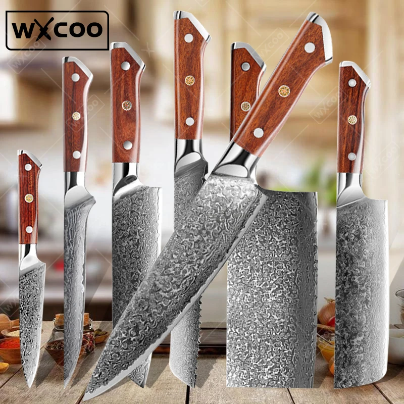 WXCOO Extremely Sharp Slicing Knife Damascus Steel Meat Cleaver Japanese Kitchen Chef Knives Cooking Knife with Red Wood Handle