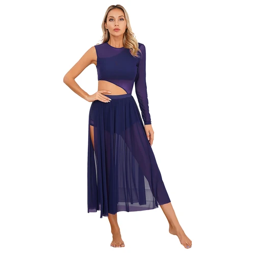 Imagen 2 del producto Traje de danza moderna lírica para mujer, vestidos de malla, Ropa de baile, leotardo de gimnasia de Ballet, vestido elegante de patinaje artístico para mujer