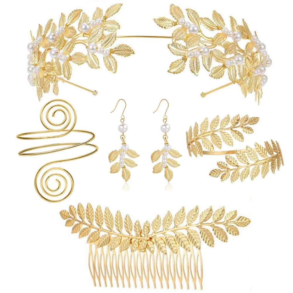 Baroque Women's Wedding Jewelry Set Bridal Earrings Gold Greek Goddess Hair Jewelry Hair Headbands Necklace