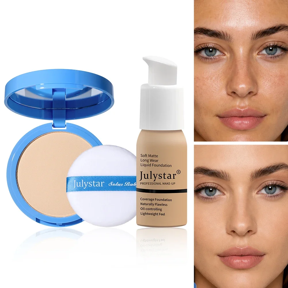 2‑Pack Flawless Matte Foundation Kit, Liquid Foundation with Matching Pressed Powder, Sweat Resistant Lightweight Daily Face Mak