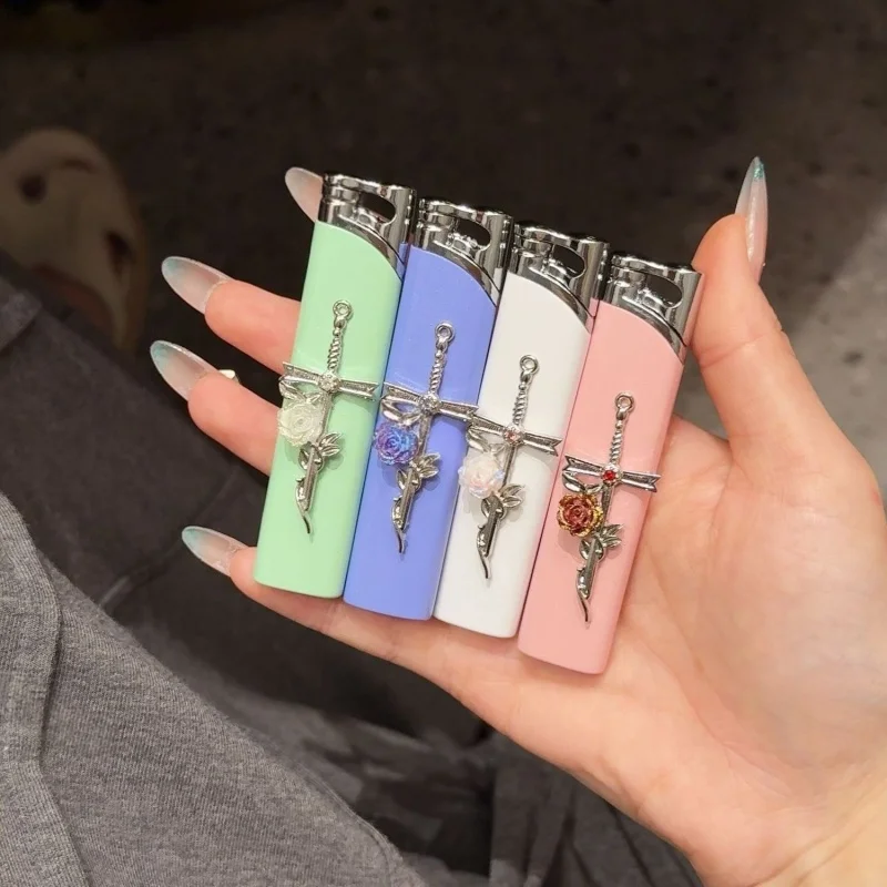 Cute Mint Green Lighter with Rose Sword Charm, Refillable Butane Torch, Stylish Ins Style Accessory  smoke accesoires