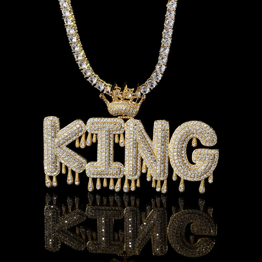 TopBling Hip Hop Crown A-Z Custom Name Letters Pendant Necklaces Bling Waterdrop Bubble