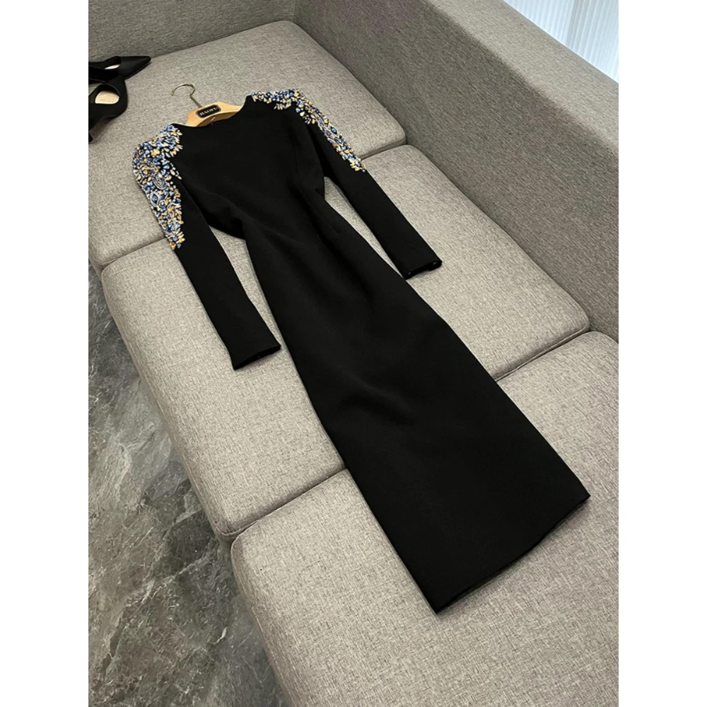 

Star Fashion Heavy Industry Beading And Diamond Long Sleeves Medium Long Party Banquet Dress O Neck Autumn Plus Size