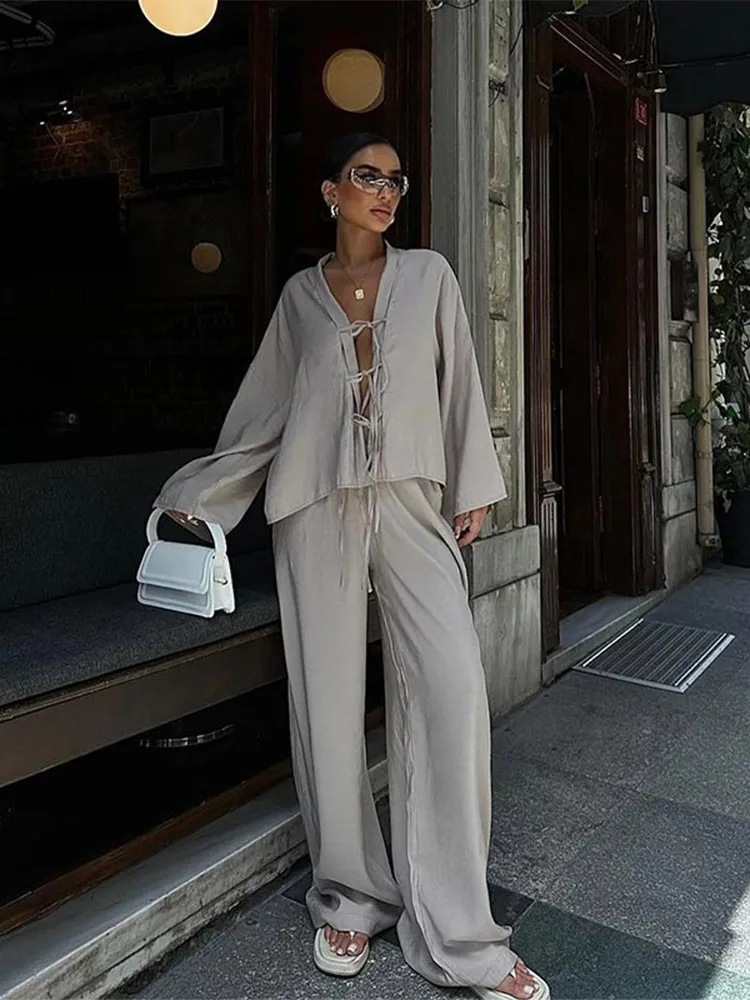 Women Cotton Line Pants Set Long Sleeve Lace Up Hollow Out V-neck Tops Wide Leg Trousers Suit 2024 Casual Lady Loose Outfits