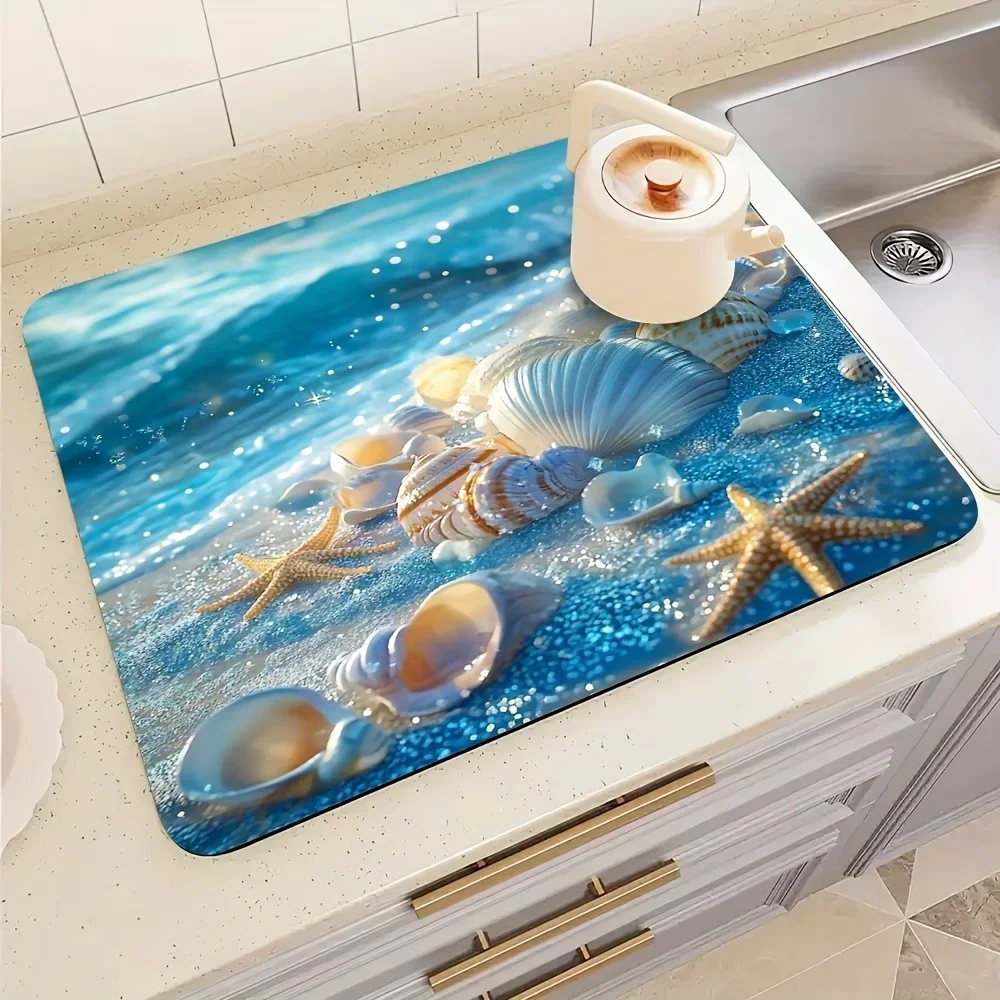 Ocean Waves Seashells Design Dish Drying Mat For Kitchen Counter Laundry Room Fits Most Washers Dryers Tabletop Protect
