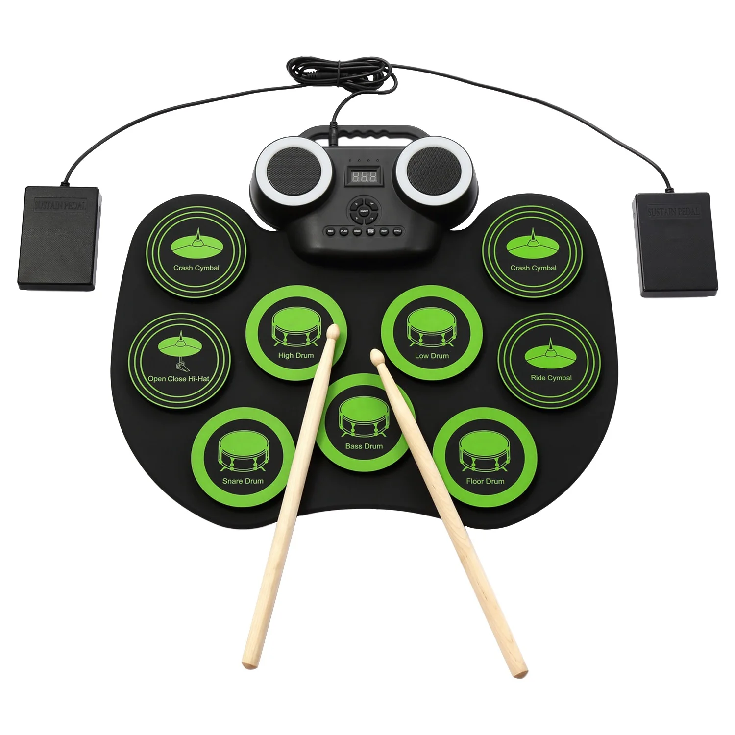 Electronic Drum Kit 9 Pads of Roll-Up Practice Drum Set Flashing Light Bluetooth Drum Set Built-in Dual Speakers