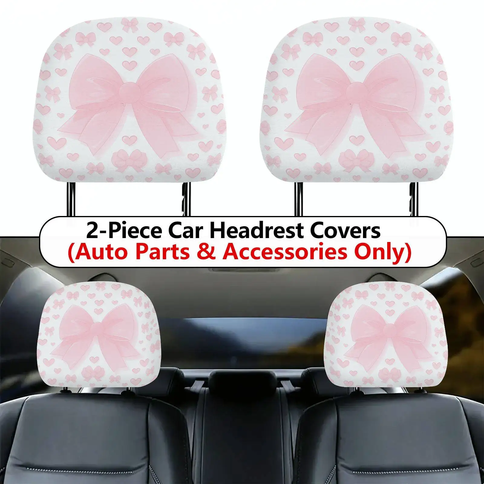 Set of 2 Pink Ribbon Heart Bow Patterned Car Headrest Covers Designed for Seat Protection with High Elasticity And No Padding