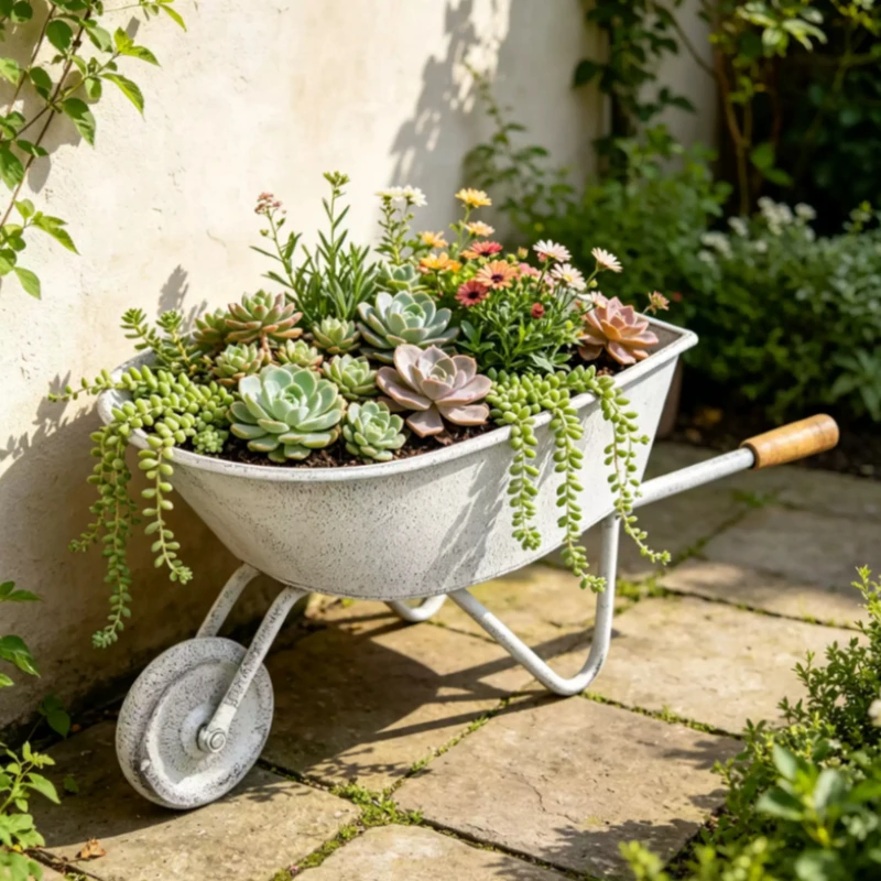 Vintage Iron Cart Planter with Handle Garden Decor for Flower Pots Children's Toy Gardening Prop Rustic Home Ornament for Indoor