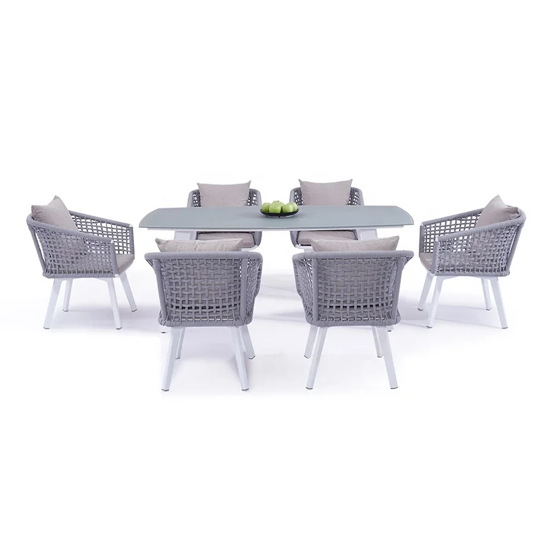 Patio Restaurant 7 Piece Dining Sets Furniture Outdoor Garden Porch Aluminum Rope Table and 6 Seater Chairs