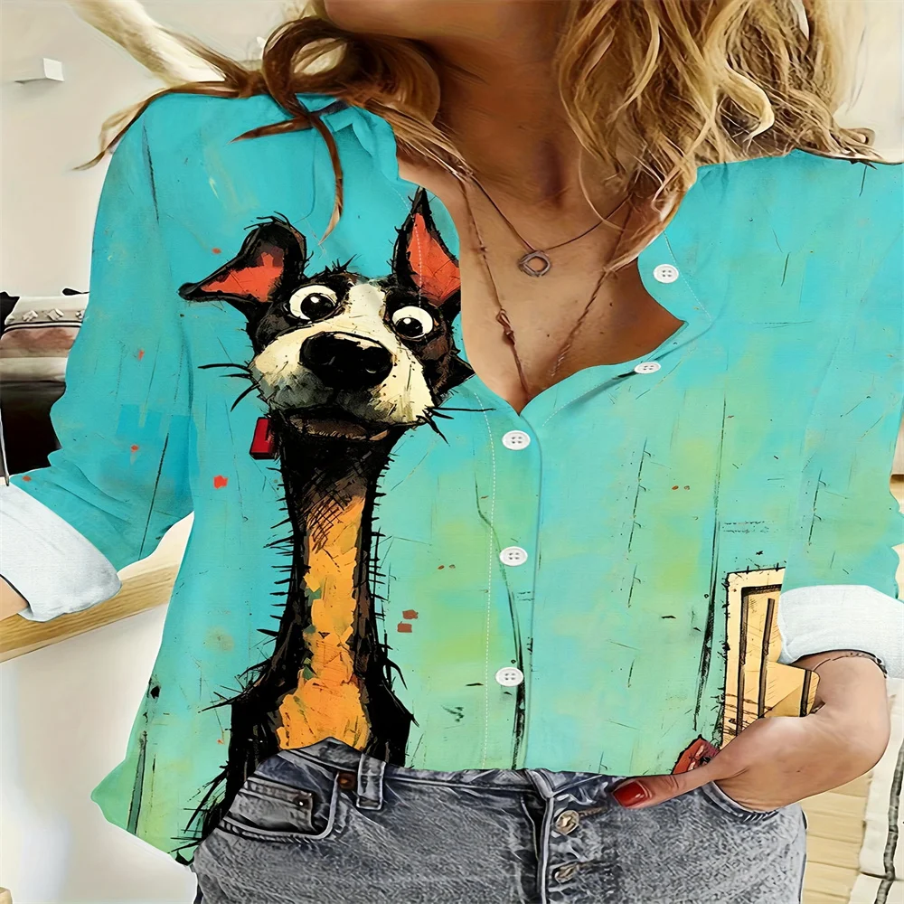 Fashionable Dog Printed Single Breasted Shirt, Comfortable And Casual Women's Long Sleeved Shirt, Perfect Choice For Spring