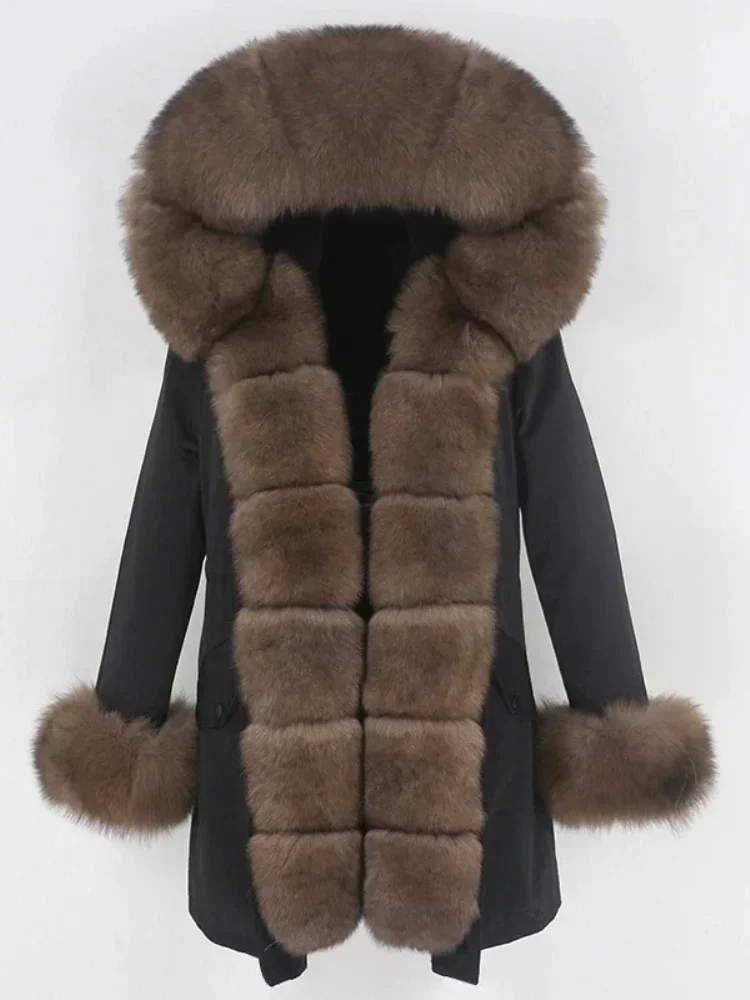 Chaqueta de piel de nueva realidad para mujer, abrigo de piel cálido con cuello de piel de zorro Real Natural, Parkas largas holgadas, prendas de vestir exteriores desmontables, 2025