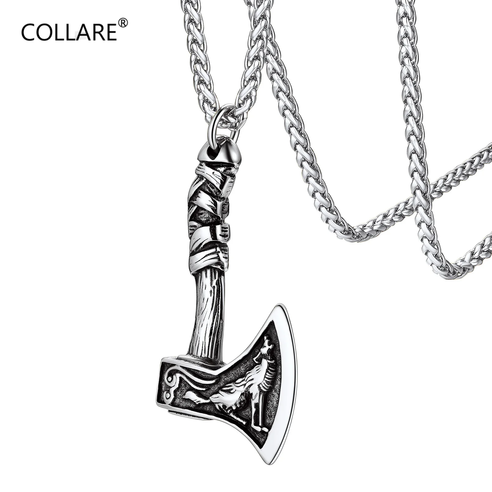 Men Viking Axe Pendant Necklace Retro Norse Rune Howling Wolf Pattern Stainless Steel/Gold Plated Norse Vikings Jewelry CP715