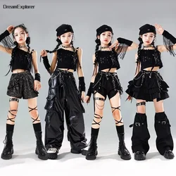 Hip Hop Kids Sequin Tassels Crop Top Cargo Pants Skirt Girls Street Dance Shorts Streetwear Child Jazz K-pop Costume Clothes Set