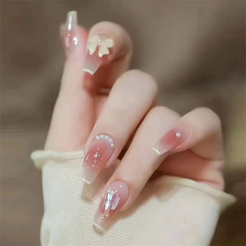 24Pcs/Set Fake Nails Art Bow Pearl Love Artificial Square Head Womens Nail Tips French Long Ballet False Nails Pressed on Nail view 4