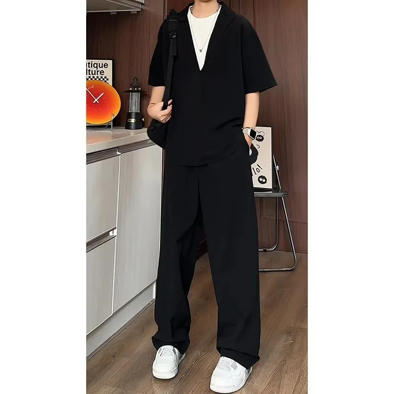 

Новый мужской костюм с коротким рукавом: рубашка и брюки в стиле Old Money, повседневный свободный комплект из двух предметов