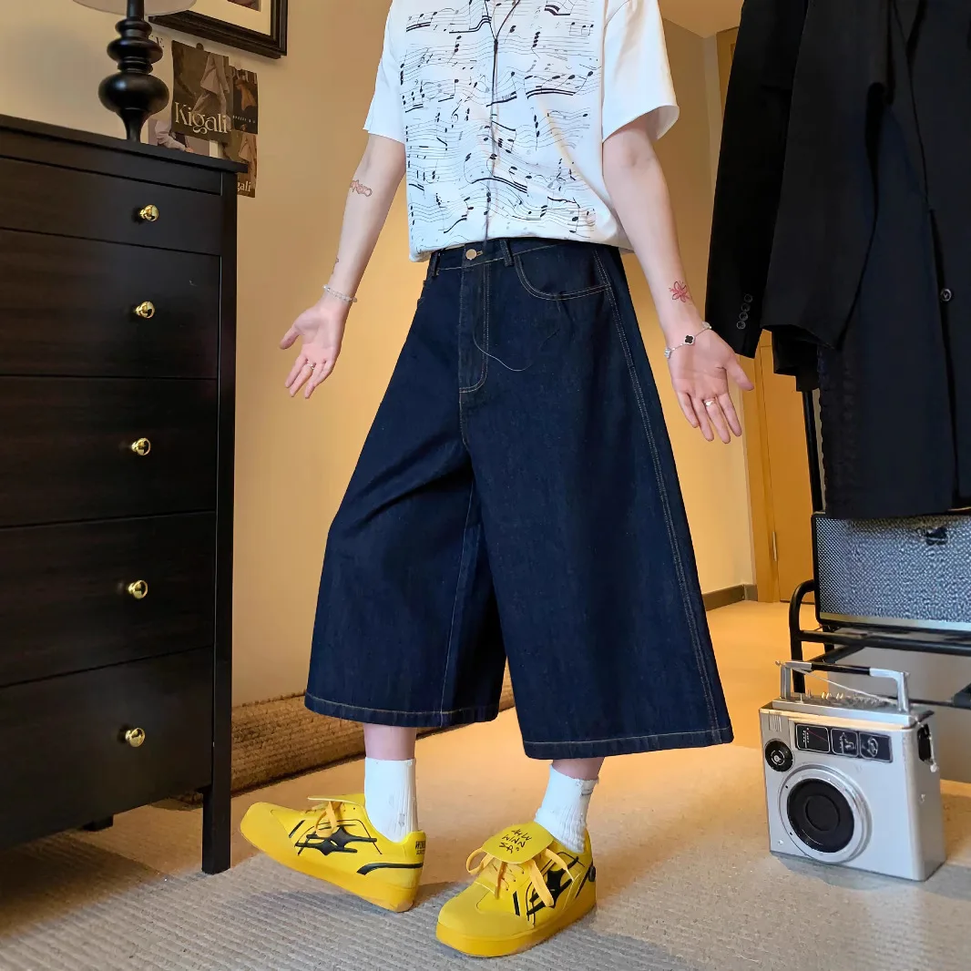 American Retro Sports Summer Men's And Women's Printed Pattern Overalls Versatile Straight Tube Seven-point Denim Shorts Tide