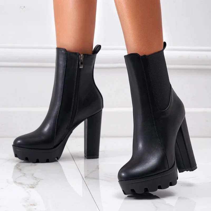 

High Quality High Heels Fashion Women Ankle Boots Autumn Winter Thick Platform Slip on Street Style Ladies Shoes Luxury Boots