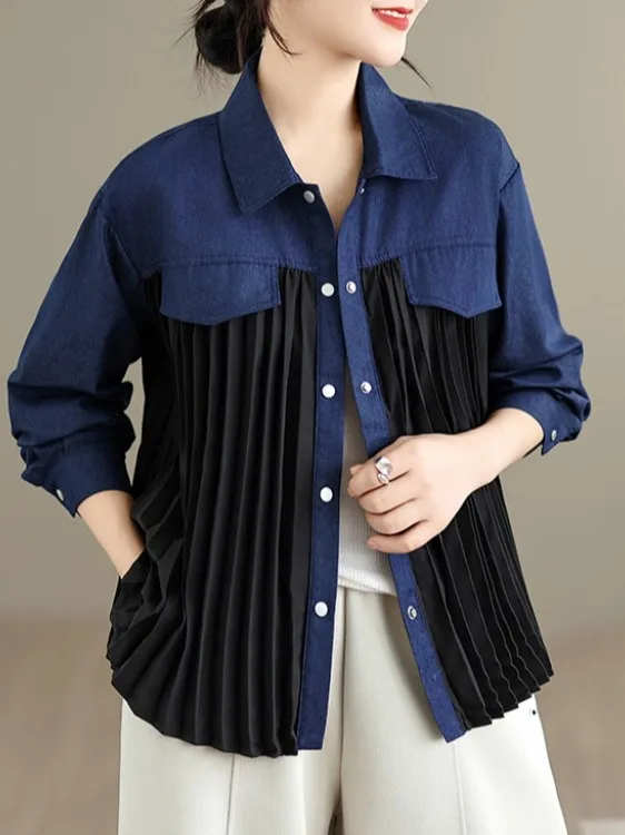 

Весна 2026, женский джинсовый плиссированный лоскутный длинный вилка с отложным воротником, модный модный открытый кардиган больших размеров