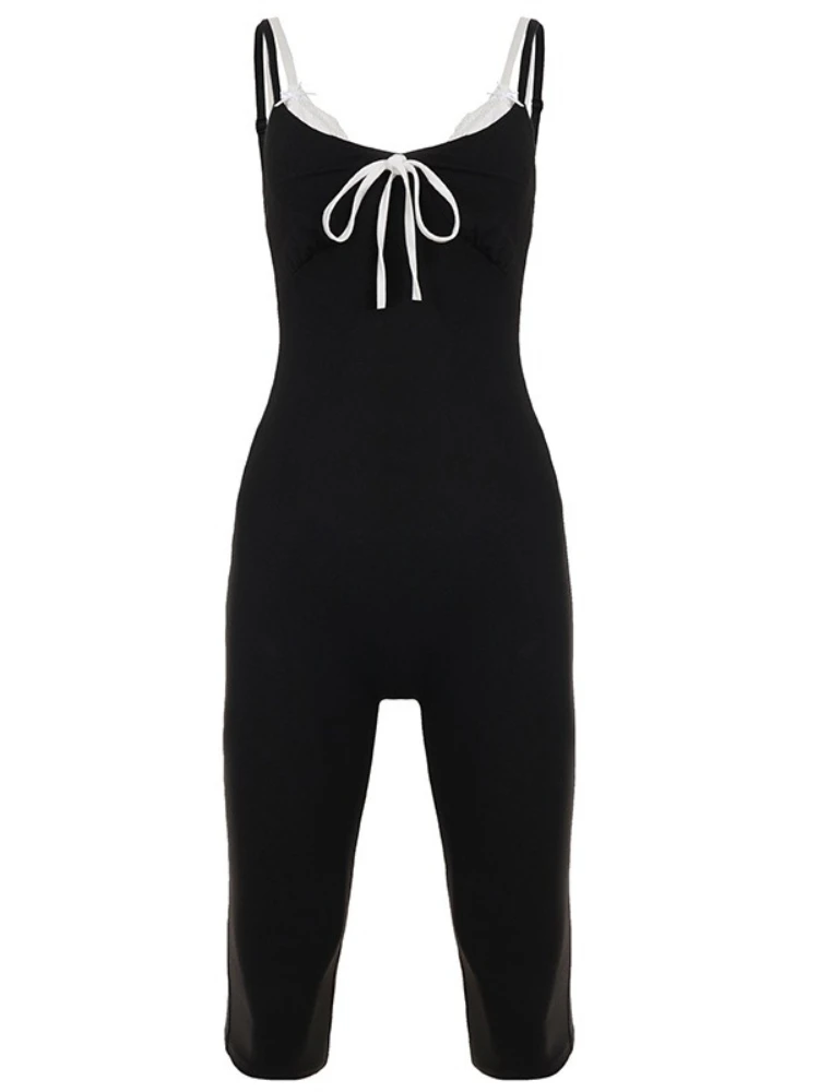 SsTss ストリートスタイル カラーブロック スパゲッティストラップ ジャンプスーツ ファッション タイアップ フロント Vネック ノースリーブ スリム カプリパンツ ワンピース ロンパース