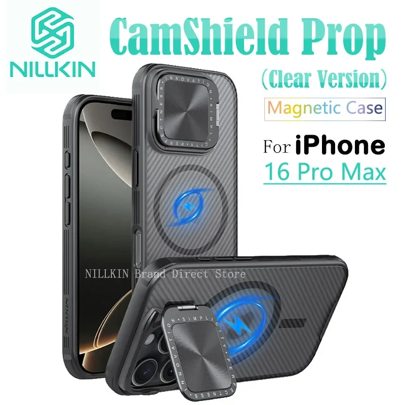 

MagSafe Case for iPhone 16 Pro Max, Nillkin CamShield Prop Magnetic Case, Clear, Stand, Micro-transparent Back Cover, Dustproof