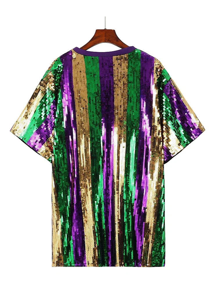 Shiny Tri Color Green Gold Purple Sequin Stripe Shirt Dress 2025 New Orleans Mardi Gras Festival Apparel for Women