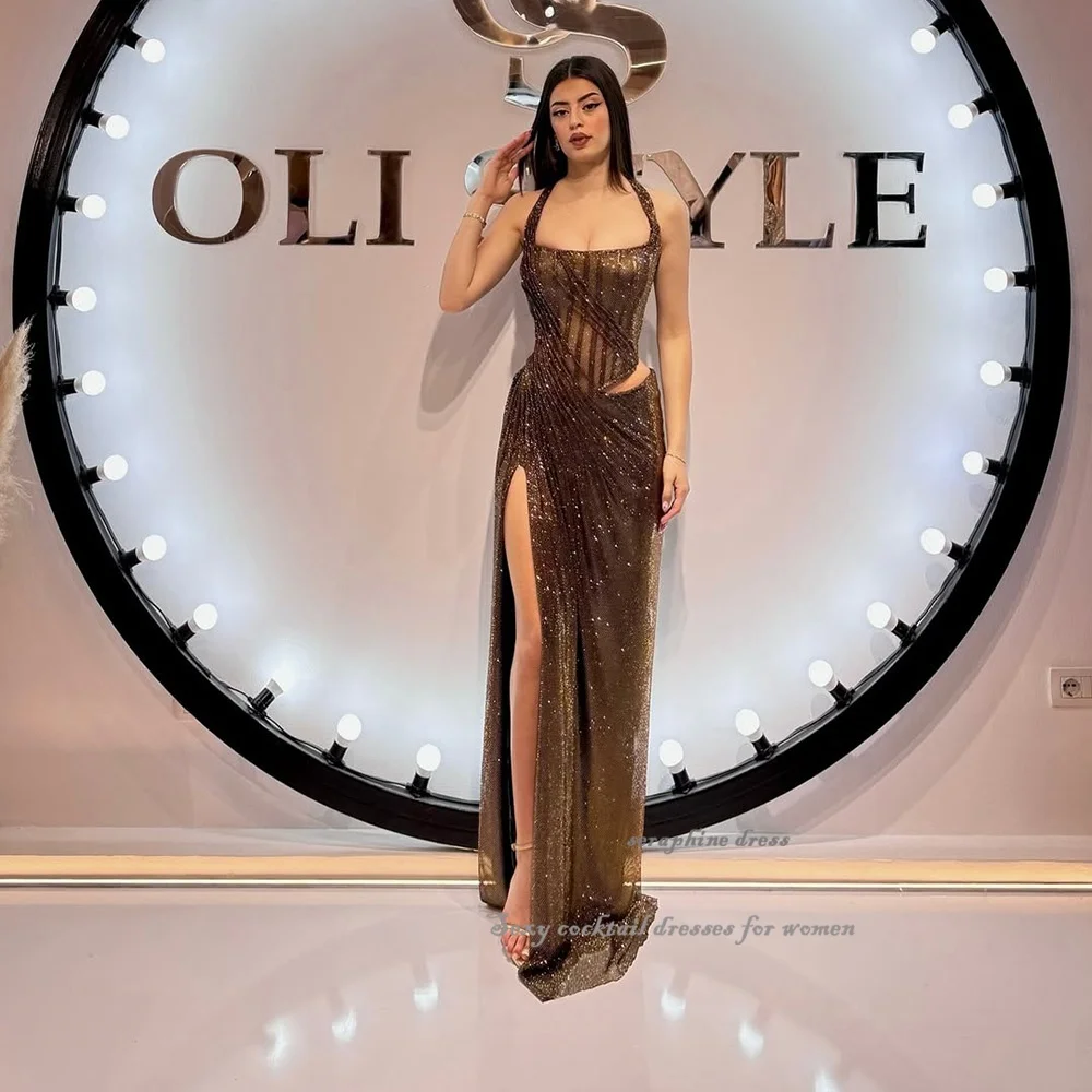 Vestidos de noite de renda brilhante para mulheres halter fenda lateral frisado vestido de festa cortar sexy cocktail vestido de baile personalizado vestidos longos