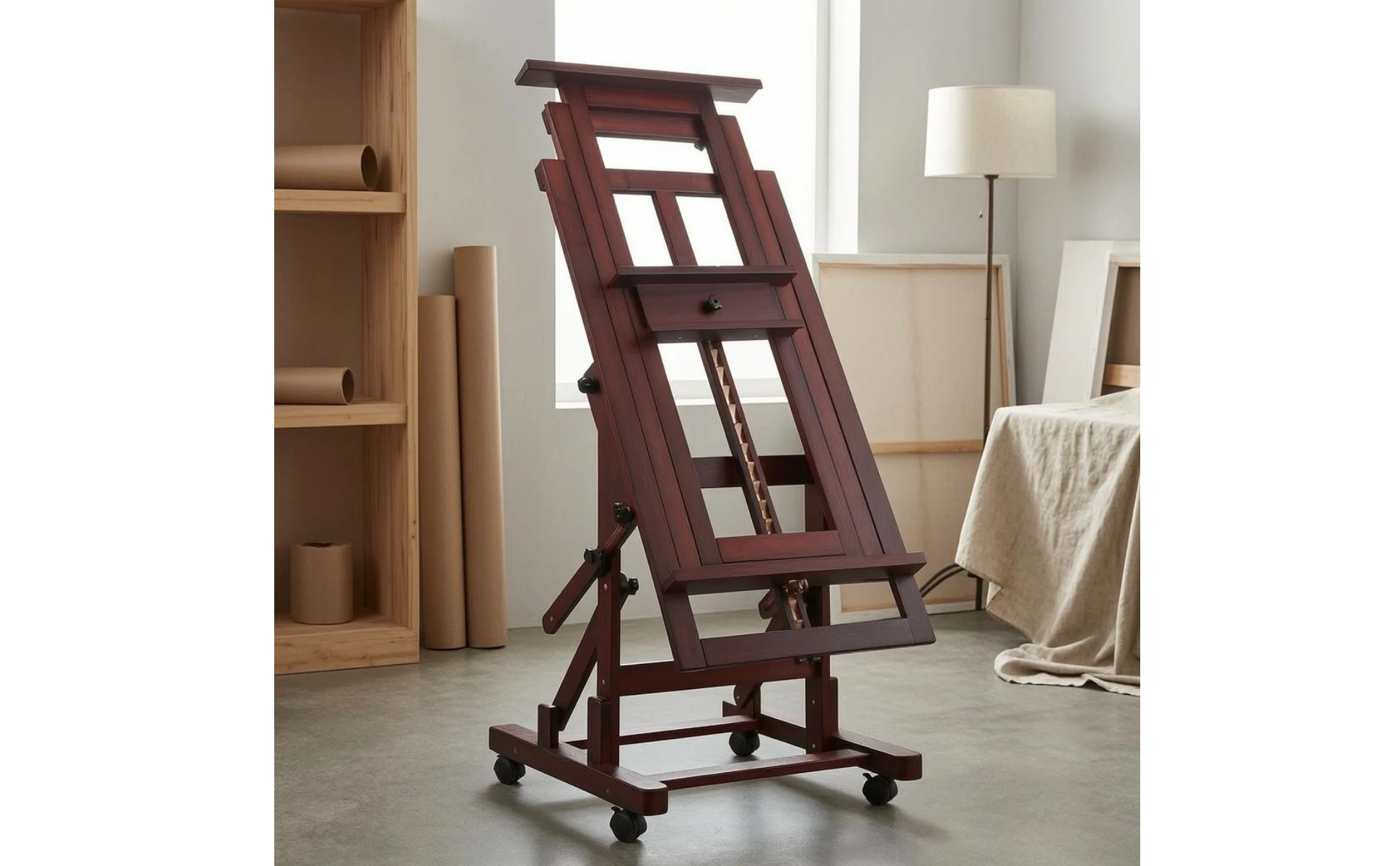 Rolling Studio Easel Horizontal and Vertical Adjustable Large Easel Art Supplies Solid Wood Wheeled for Artists, Gallery Display